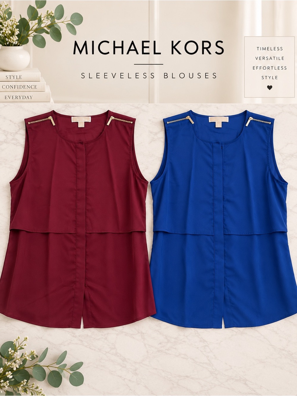Two Michael Kors XL Boxy Blouse Sleeveless Zip Shoulder Design | Burgundy Blue